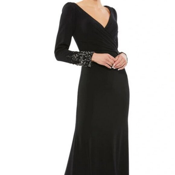 Mac Duggal Black Beaded Cuff Long Sleeve Wrap Front Gown - Picture 1 of 5